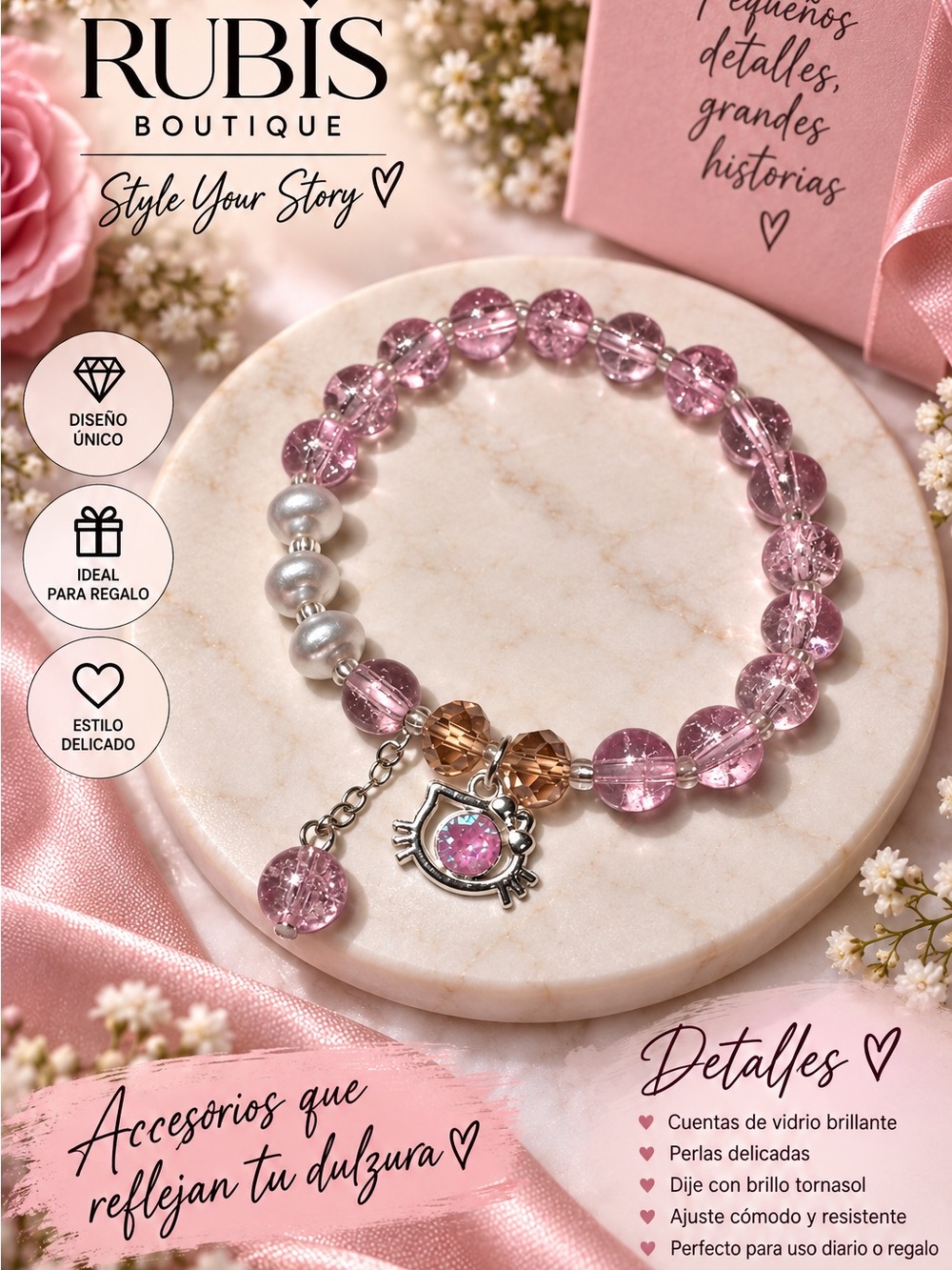 Pink Beaded Cat Charm Bracelet